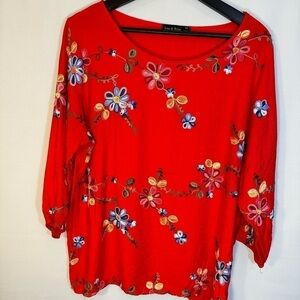 Ann & Rose Boho Embroidered Red Floral 3/4 Puff Sleeve Tunic Top Blouse Size 1X